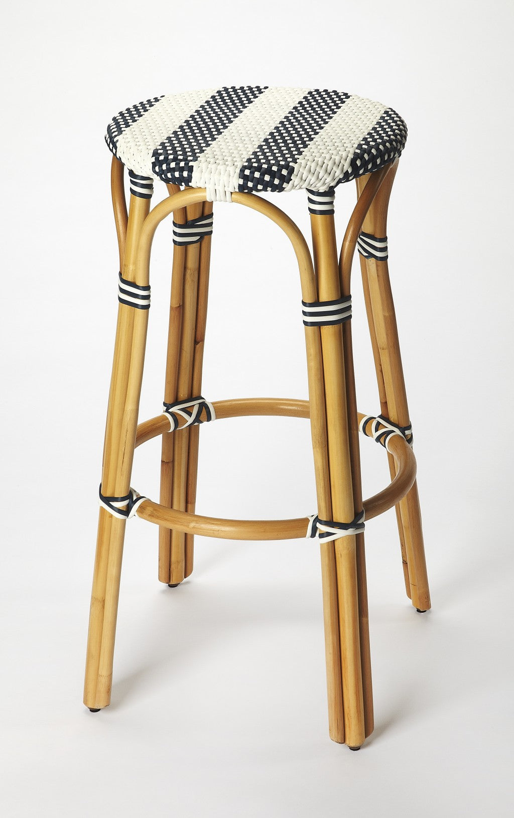 Navy Blue And White Rattan Bar Stool