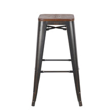Load image into Gallery viewer, Set Of Four Rustic Cafe Wood And Steel Bar Stools