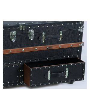 Black Crocodile Leather Wine Bar Trunk - Coffee End Table with Sliding Top and Drawers