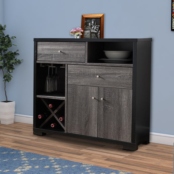 Dual-Tone Wooden Wine Cabinet, Black & Distressed Gray - BM179615