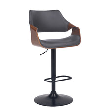 Load image into Gallery viewer, Grey Faux Leather Walnut Wood And Black Swivel Adjustable Bar Stool