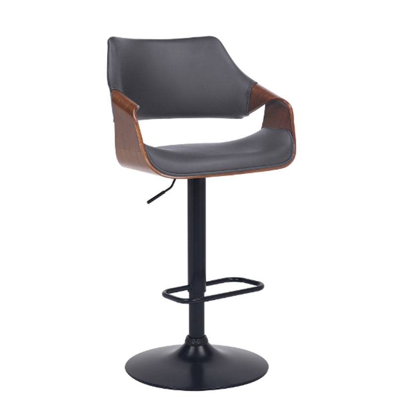 Grey Faux Leather Walnut Wood And Black Swivel Adjustable Bar Stool