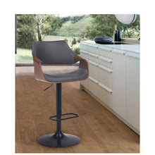 Load image into Gallery viewer, Grey Faux Leather Walnut Wood And Black Swivel Adjustable Bar Stool