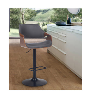 Grey Faux Leather Walnut Wood And Black Swivel Adjustable Bar Stool