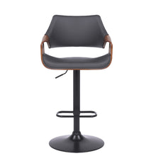 Load image into Gallery viewer, Grey Faux Leather Walnut Wood And Black Swivel Adjustable Bar Stool