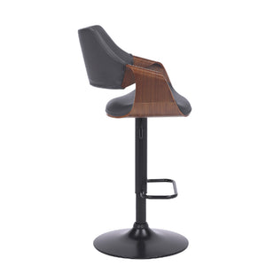 Grey Faux Leather Walnut Wood And Black Swivel Adjustable Bar Stool