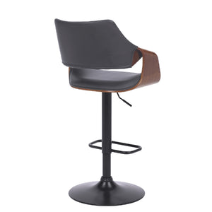 Grey Faux Leather Walnut Wood And Black Swivel Adjustable Bar Stool