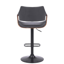 Load image into Gallery viewer, Grey Faux Leather Walnut Wood And Black Swivel Adjustable Bar Stool