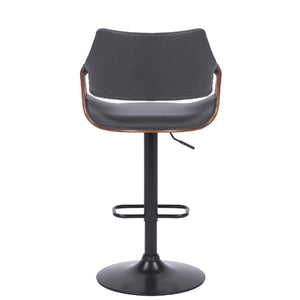 Grey Faux Leather Walnut Wood And Black Swivel Adjustable Bar Stool