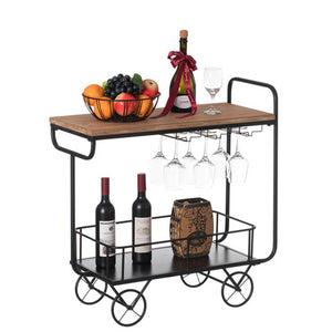 Metal Wine Bar Serving Cart with Rolling Wheels, Glass Holder, and Wine Rack