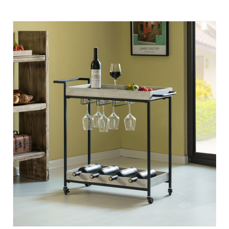 Metal Wine Bar Serving Cart with Rolling Wheels, Wine Rack, and Glass Holder