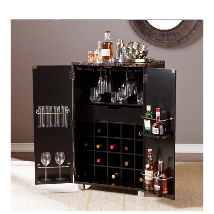 Black Wood with Marble Top Bar Cabinet