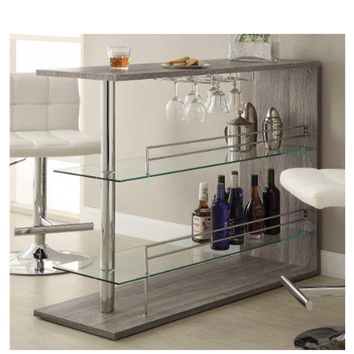 Radiant Rectangular Bar Table With 2 Shelves And Wine Holder, Gray - BM158033