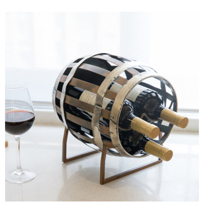 Decorative Metal Barrel Shaped Tabletop Countertop 3 Wine Bottle Holder