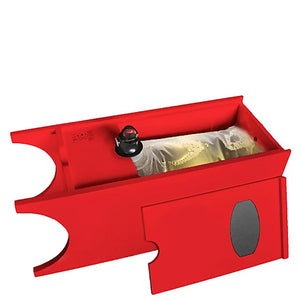Red wine tasting beverage dispenser with panel removed shoing wine bag inside