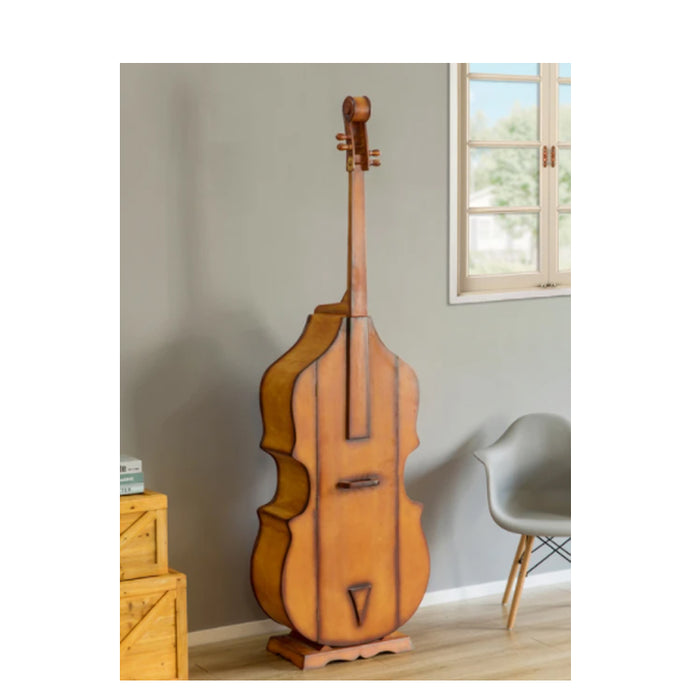 A Wine Rack Cabinet in a living room that is violin shaped and stands six and half feet tall